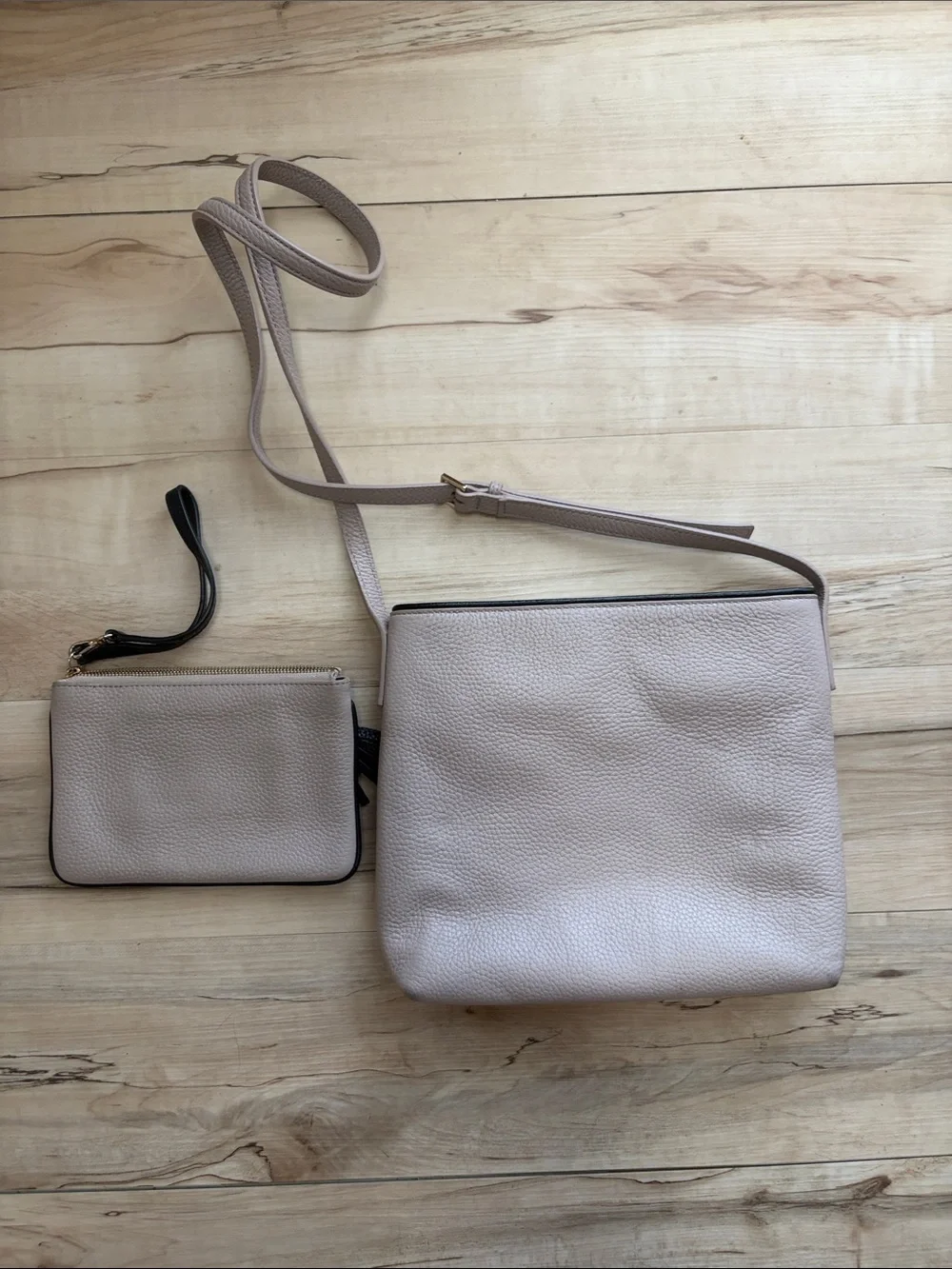 kate spade Pebble Leather Taupe Crossbody with Black Tassel Wristlet